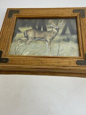 Wood Hinged Storage Cigar Trinket Box Metal Trim & Hinges 8 Pt Stag Deer